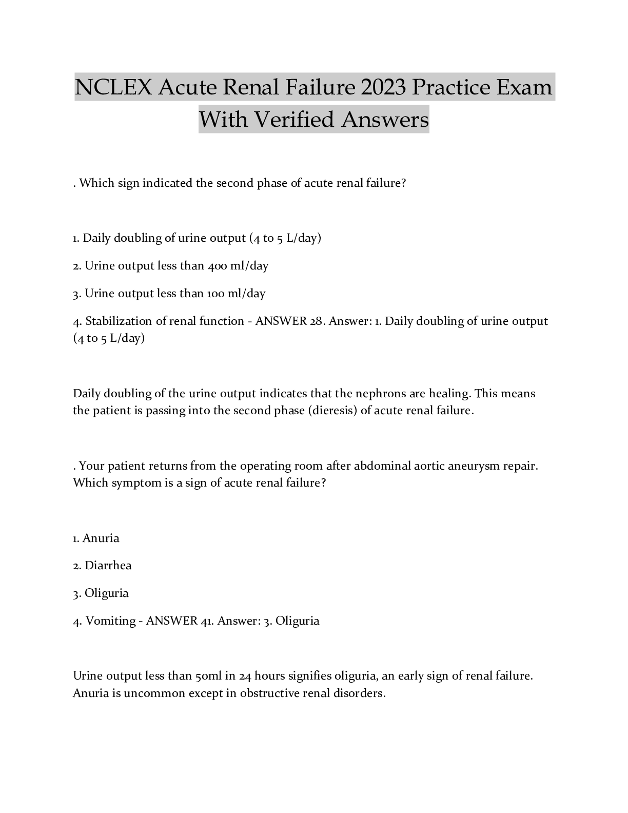 Preview image for NCLEX Acute Renal Failure 2023 Practice Exam With Verified Answers